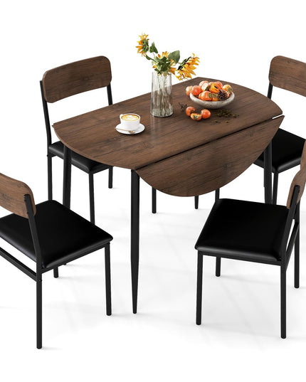 Giantex  43.5" Round Kitchen Table and 4 Upholstered Dining Chairs with Drop Leaf Tabletop