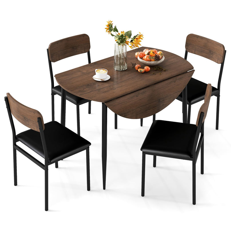 Giantex  43.5" Round Kitchen Table and 4 Upholstered Dining Chairs with Drop Leaf Tabletop