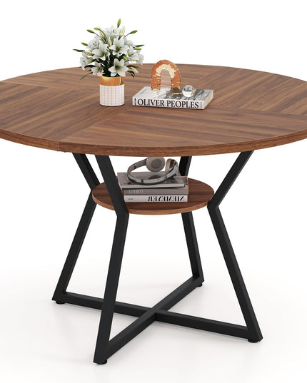 Giantex Table à manger ronde de 119 cm pour 4 personnes avec étagère de rangement et base en métal en forme de X