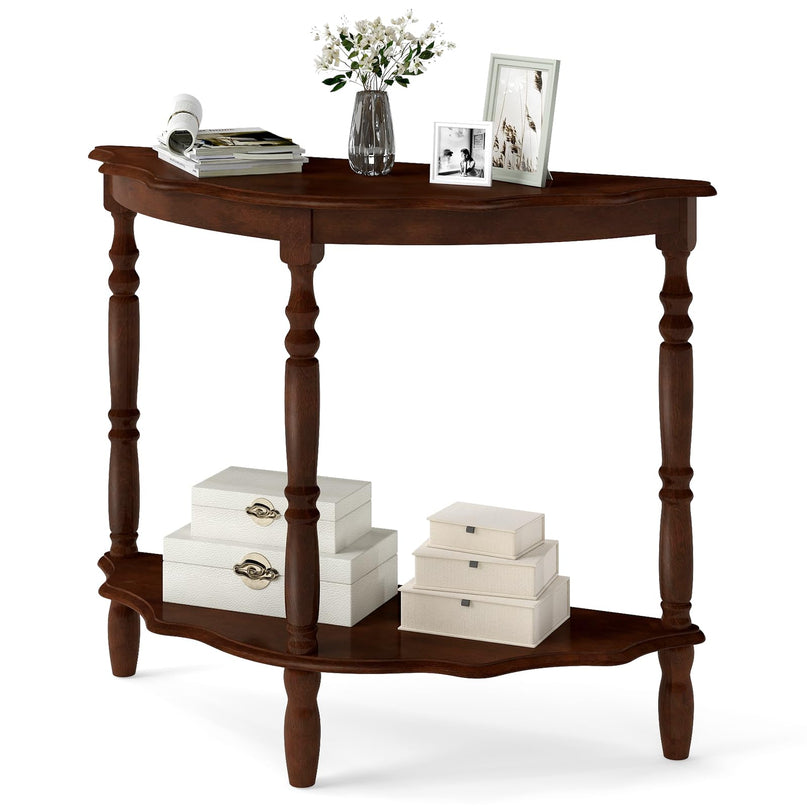 Giantex 42" Half Moon Console Table with Storage Shelf & Carved Rubber Wood Legs