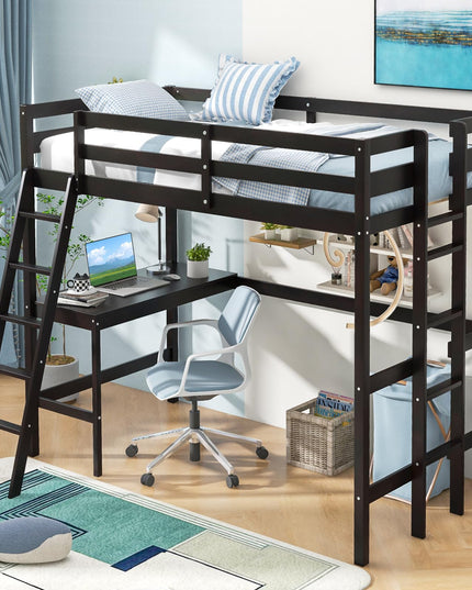 Giantex Twin Size Loft Bed with Desk, Solid Wood Loft Bed with 2 Ladders & Full Length Guardrail