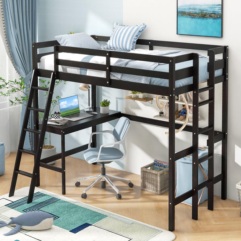 Giantex Twin Size Loft Bed with Desk, Solid Wood Loft Bed with 2 Ladders & Full Length Guardrail