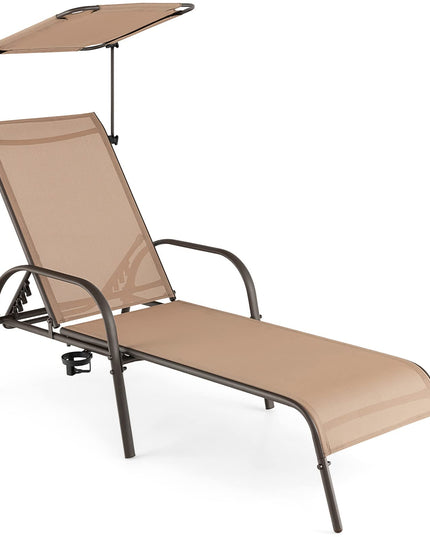 Giantex Patio Chaise Lounge Chair - Outdoor Beach Chair with Adjustable Canopy, Metal Frame Sunbathing Lounger for Outside