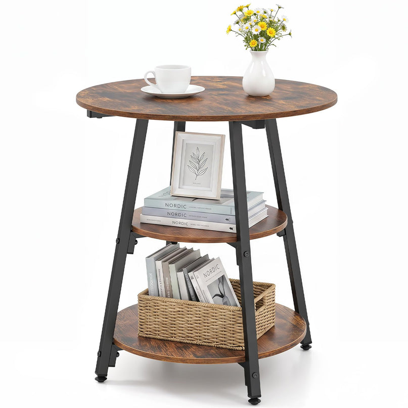 GIANTEX Round Industrial Side Table with Storage Shelves