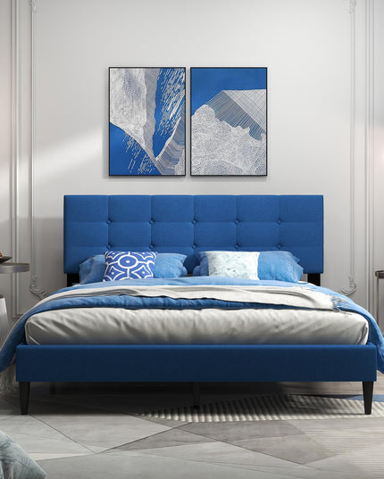 Giantex Platform Bed Frame with Button Tufted Headboard and Wooden Slats