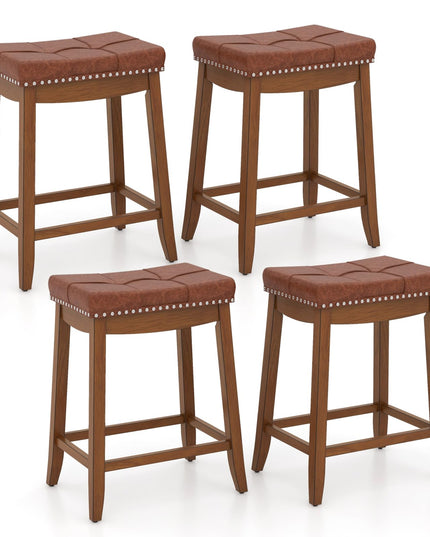 Giantex Bar Stools Set, 25" Counter Height Bar Stools w/Saddle Seat, Footrest, Rivet, Button Tufted, Rubber Wood Frame