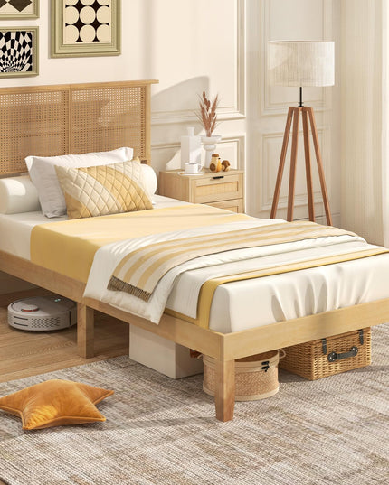 Giantex Bed Frames with Rattan Headboard, Boho Solid Wood Platform Bed with Wooden Slats