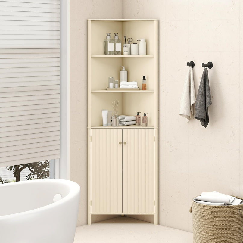 Meuble d'angle Giantex de 173 cm de haut avec 5 étagères et 2 portes cannelées pour salle de bain