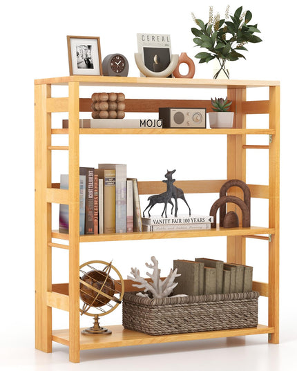 Giantex 4-Tier Bookshelf, 34.5" Floor Storage Shelf w/Rubber Wood Frame, Anti-Toppling Kits, Side Fences