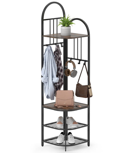 Giantex Corner Hall Tree, 71" Corner Coat Rack w/Shoe Storage Bench, 6 Removable Hooks, 4-Tier Entryway Shoes Shelf Organizer