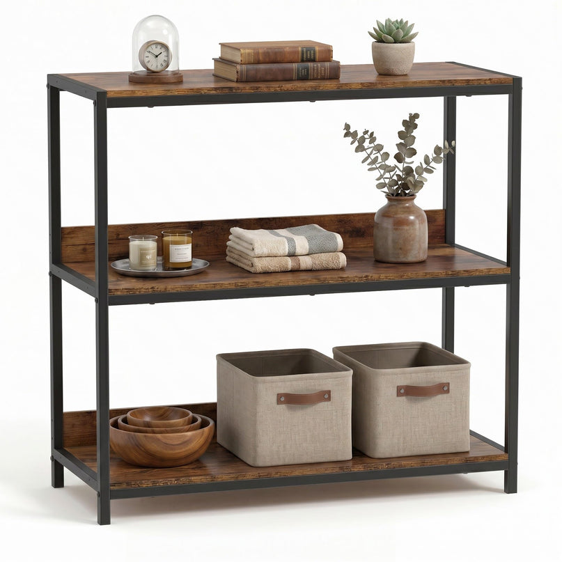 Giantex Industrial 3-Tier Small Bookshelf with Wooden Shelves and Metal Frame (1/2)