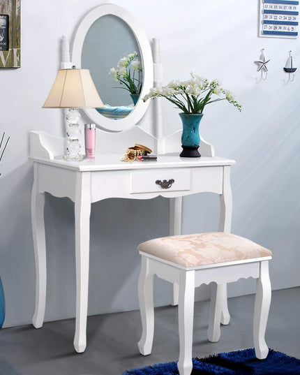 Giantex Bathroom Vanity Table Set w/Mirror Cushioned Stool Makeup Dressing Table Set