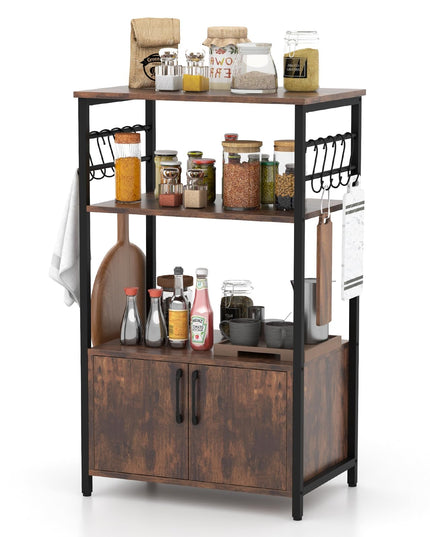 Giantex Kitchen Bakers Rack with Storage, 3-Tier Industrial Microwave Stand with Open Shelves and 10 Removable S-Shaped Hooks