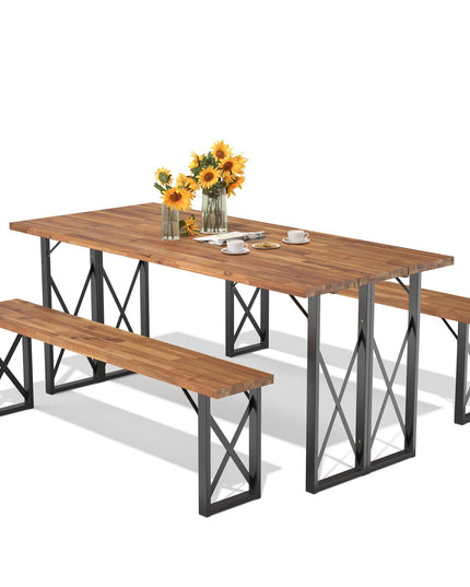 Giantex Outdoor Picnic Table Set with 2 Benches, Acacia Wood Patio Dining Table Set for 6 or 4 Persons, with 2” Umbrella Hole