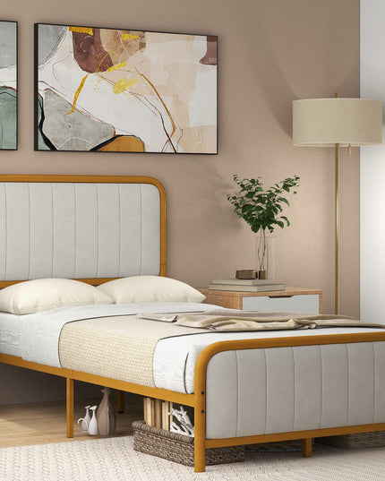 Giantex Twin Size Gold Bed Frame with Velvet Headboard and Footboard, Heavy-duty Metal Slats Support Mattress Foundation