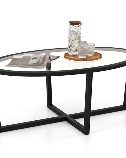 Giantex Glass Coffee Table, 46.5" Oval Accent Sofa Tea Table with Tempered Glass Top, Cross Base & Acacia Wood Legs