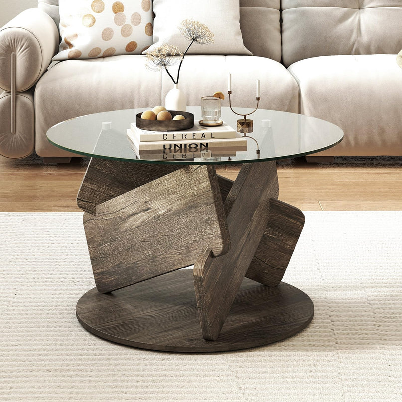 Giantex 32 Inch Modern Center Table with Clear Tempered Glass Top & Solid Wood Legs