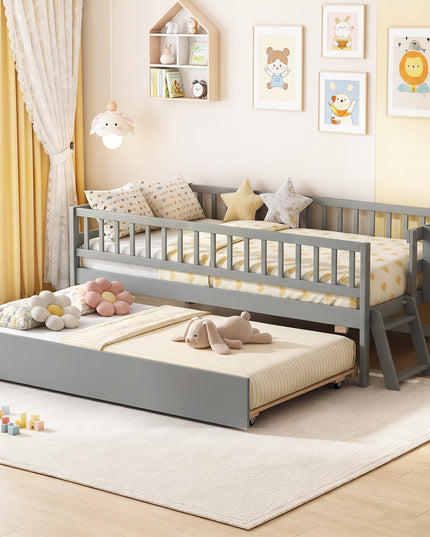 GIANTEX Trundle Bed Twin Size with Bookshelf 2-Step Ladder for Kids