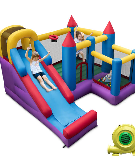 5-in-1 Inflatable Bounce Castle, Giant Blowup Jumping House with Slide for Kids w/735W Air Blower