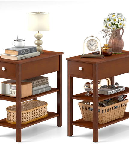 Ginatex Narrow Side Table Set of 2, Small End Tables with Drawer & Open Storage Shelves