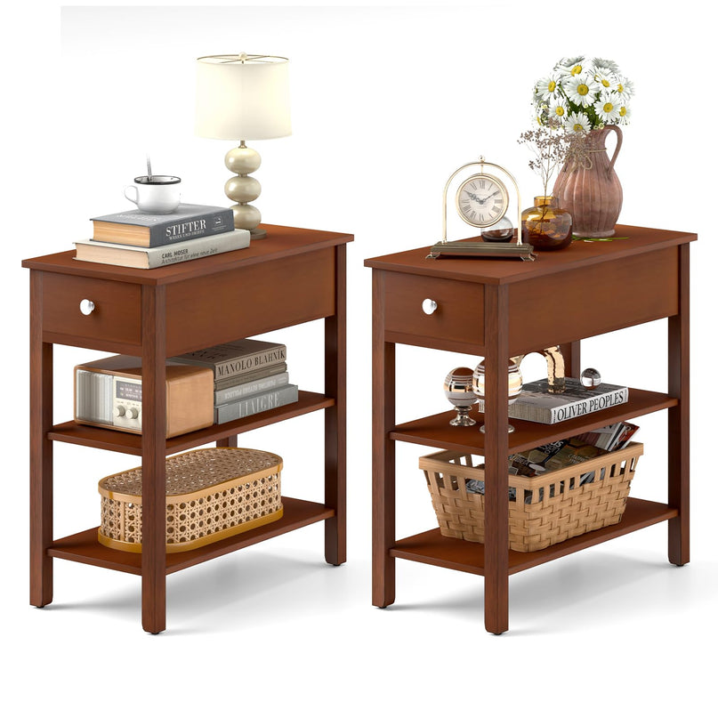 Ginatex Narrow Side Table Set of 2, Small End Tables with Drawer & Open Storage Shelves