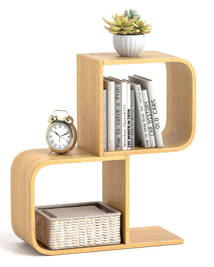 Giantex S-Shaped Bookcase, 2-Tier Bamboo Bookshelf with 2 Open Cubes, Geometric Corner Display Shelf