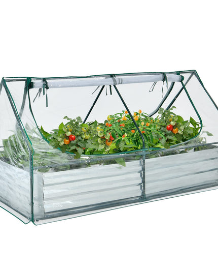 Giantex Galvanized Steel Raised Garden Bed with Mini Greenhouse, Outdoor Metal Planter Box Kit with Large Roll-up PVC Cover