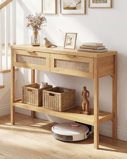 Giantex 40" Rattan Console Table with 2 Drawers & Shelf, 2 Anti-Tipping Kits
