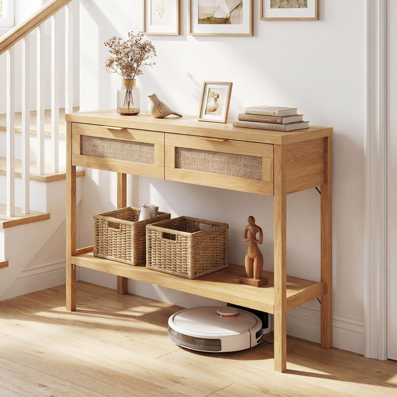 Giantex Table console en rotin de 101,6 cm avec 2 tiroirs et étagère, 2 kits anti-basculement
