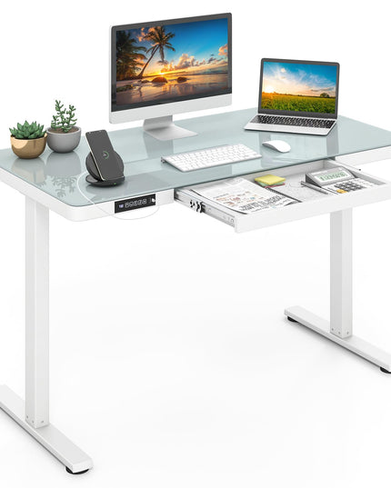 Giantex Glass Standing Desk with Drawer, 48" x 24" Height Adjustable Electric Stand Up Desk