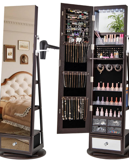 CHARMAID 360° Swivel Jewelry Cabinet Armoire with 64.5" H Full Length Mirror