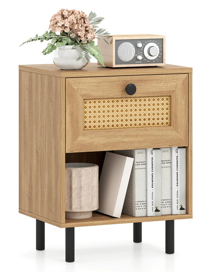 Giantex Rattan Nightstand with Drawer Set of 1/2 Modern Bed Side Table