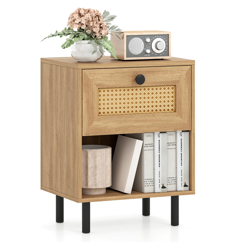 Giantex Rattan Nightstand with Drawer Set of 1/2 Modern Bed Side Table