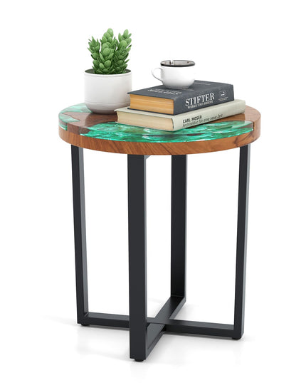 Giantex 20” Teak Wood Outdoor Side Table - Round End Table with Epoxy Resin Tabletop
