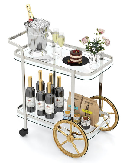Giantex 2-Tier Bar Cart, Stylish Rolling Serving Cart w/Tempered Glass Shelves