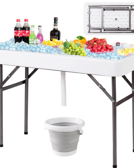 Giantex 4 FT Folding Ice Cooler Table with Drain & Bucket Removable Skirt
