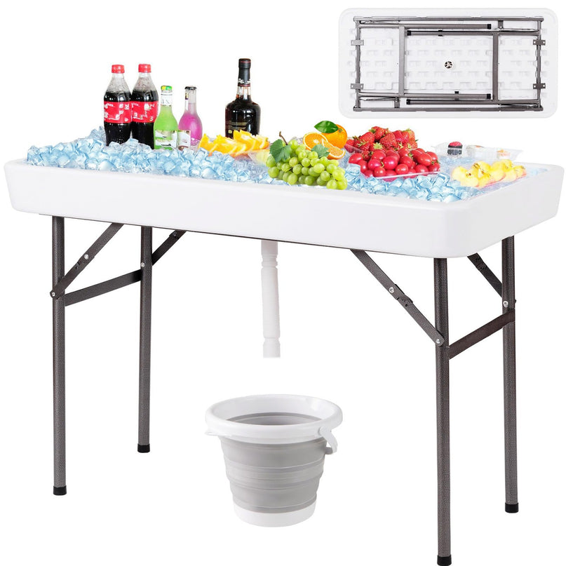 Giantex 4 FT Folding Ice Cooler Table with Drain & Bucket Removable Skirt