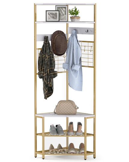 Giantex Corner Hall Tree, 73" Tall Coat Rack w/Shoe Storage Bench, 12 Metal Hooks, 5-Tier Entryway Shoes Shelf Organizer