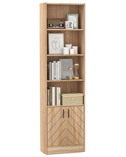 Giantex 6-Tier Bookshelf with Double Doors, 71" Tall Bookcase w/ 4 Open Cubes & 3 Adjustable Shelves