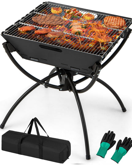 Giantex Folding Campfire Grill, Camping Fire Pit with Stainless Steel Grates, Collapsible Aluminum Legs, Carry Bag