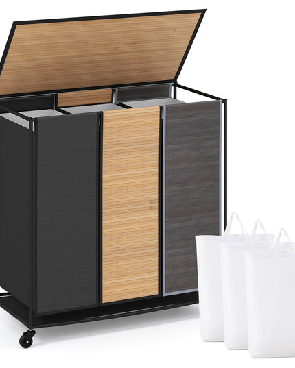 Giantex Laundry Hamper Sorter 3 Section with Lid 2 Lockable Wheels