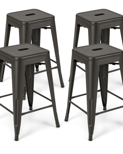 Bar Stools Set of 4, 24” or 30" Stackable Metal Stools with Square Seat & Handing Hole, X-shaped Reinforced Design