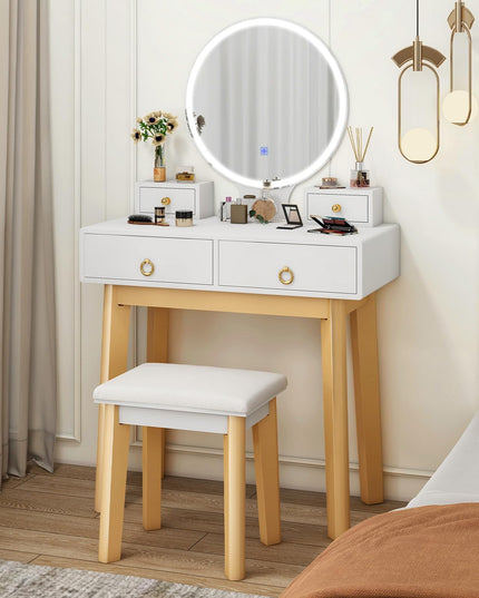 Vanity Desk with Lighted Mirror and Stool for Girls Bedroom