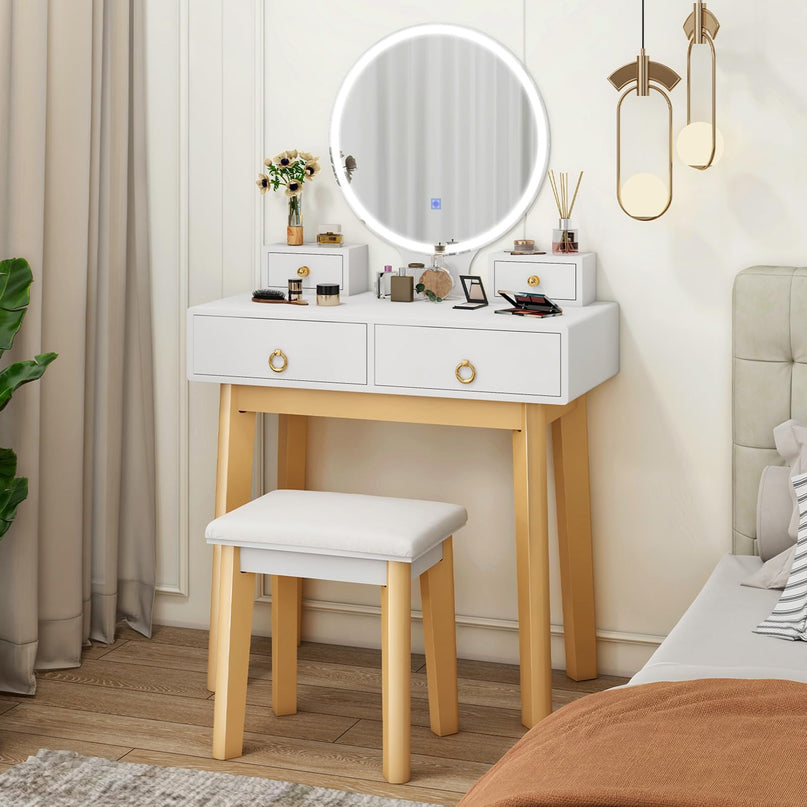 Vanity Desk with Lighted Mirror and Stool for Girls Bedroom