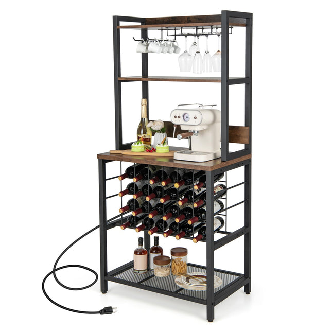 Giantex Étagère de Boulanger avec Rangement, Prise Électrique et Port USB, Bar à Café avec Casier à Vin pour 24 Bouteilles et Porte-Verres