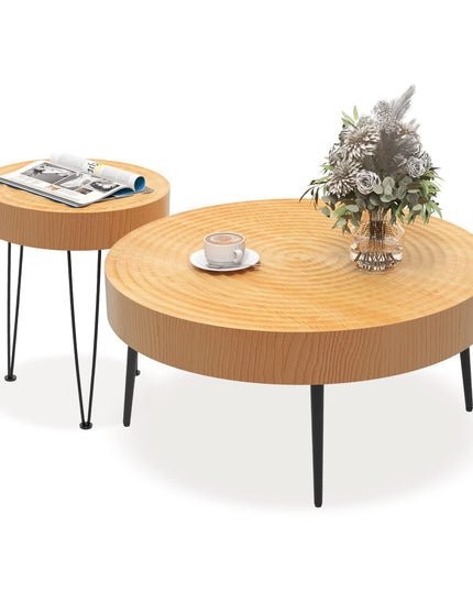 Giantex Round Coffee Table Set of 2 - Sofa Side Nesting Table w/Solid Pine Wood Top