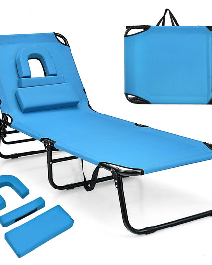 Giantex Folding Beach Tanning Chair - Adjustable Patio Lounge Chair w/Face Hole, Removable Pillows, Carry Strap
