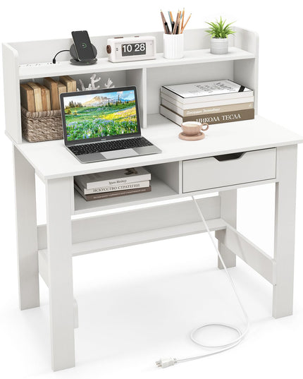 Giantex White Computer Desk with Hutch, Home Office Desk with Power Outlets, USB Ports