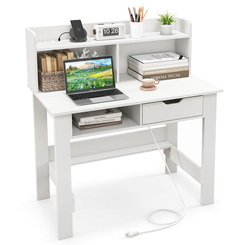 Giantex White Computer Desk with Hutch, Home Office Desk with Power Outlets, USB Ports