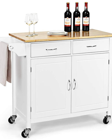 Giantex Kitchen Island, Rolling Kitchen Cart, Wood Counter Top, Bar Dining Room Organizer Furniture, White
